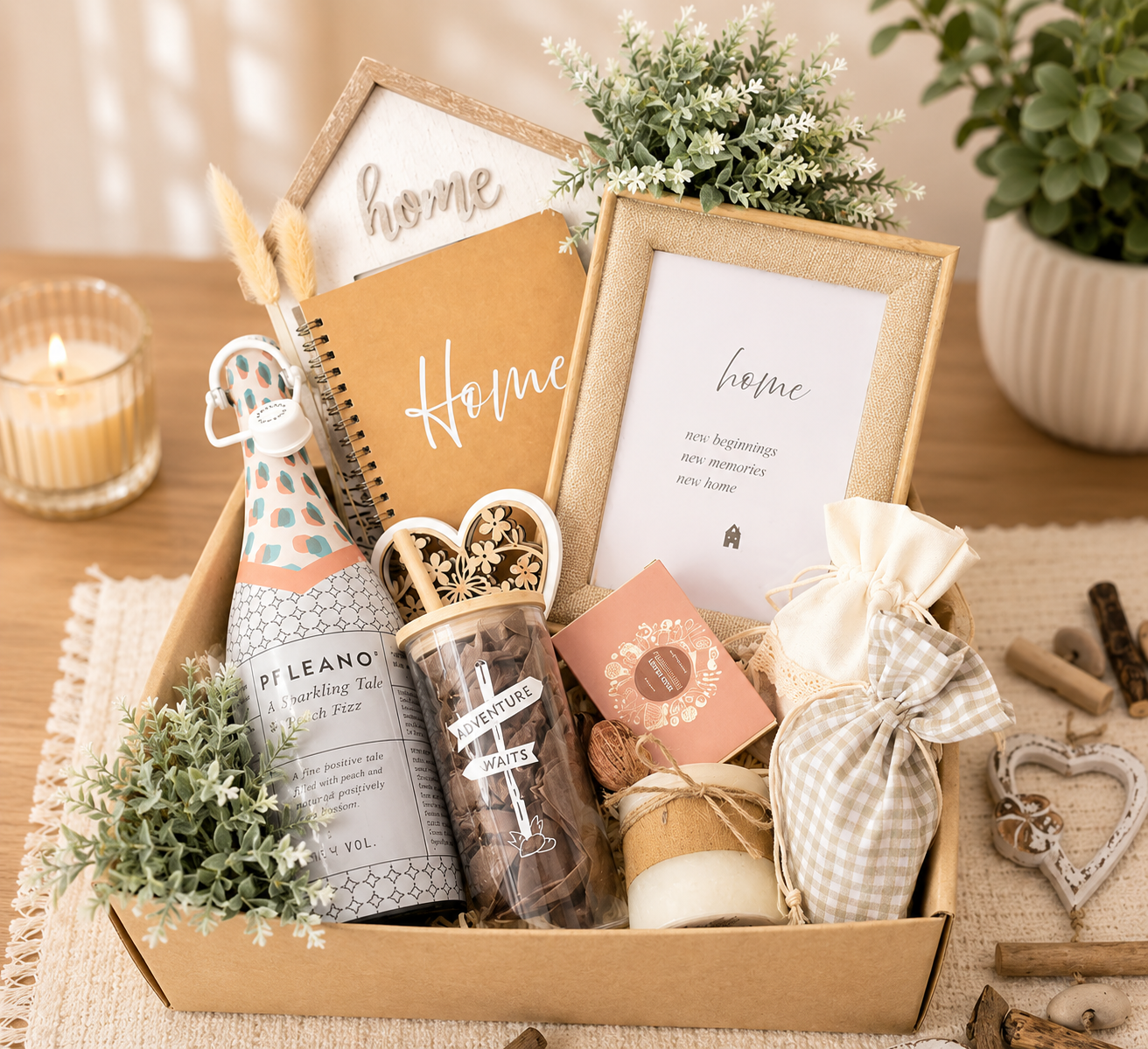Luxury housewarming gift box featuring a home-themed notebook, framed home print, scented candle, sparkling fizz drink, sweet treats, decorative greenery, and keepsake gifts beautifully arranged in a kraft gift box on a warm neutral background
