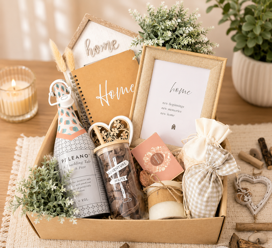 Luxury housewarming gift box featuring a home-themed notebook, framed home print, scented candle, sparkling fizz drink, sweet treats, decorative greenery, and keepsake gifts beautifully arranged in a kraft gift box on a warm neutral background