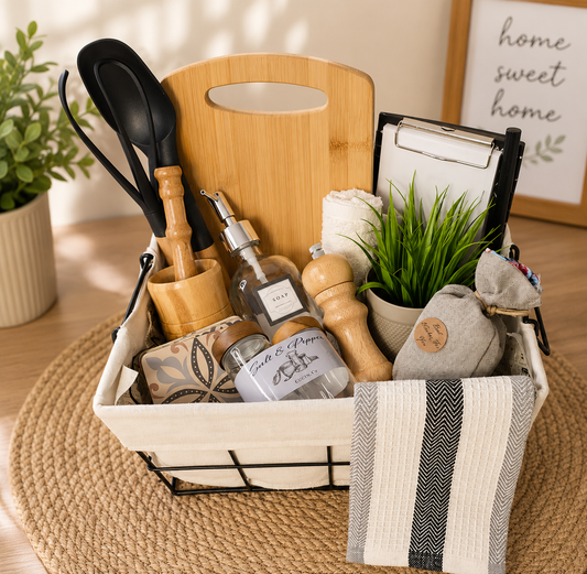 Kitchen-themed gift basket featuring a wooden cutting board, cooking utensils, wooden pestle and mortar, glass soap dispenser, salt and pepper jars, pepper grinder, decorative plant, kitchen towels, and home accessories beautifully arranged in a fabric-lined wire basket.