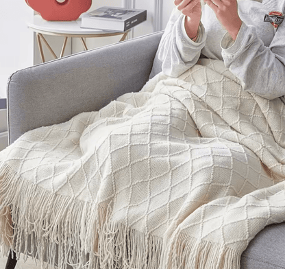 Luxury Long Diamond Knit Throw Blanket with Tassels Cream White - Gifting CY - Cyprus - 