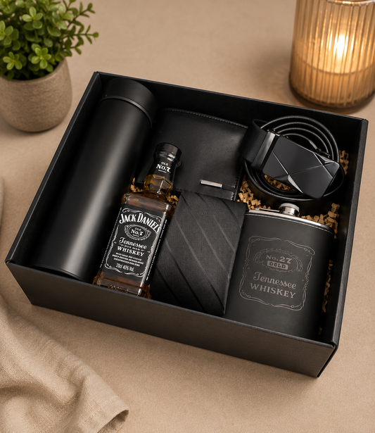 Luxury men's gift box featuring a black tie, wallet, belt, stainless steel flask, and digital temperature display tumbler, elegantly arranged in a premium black gift box.