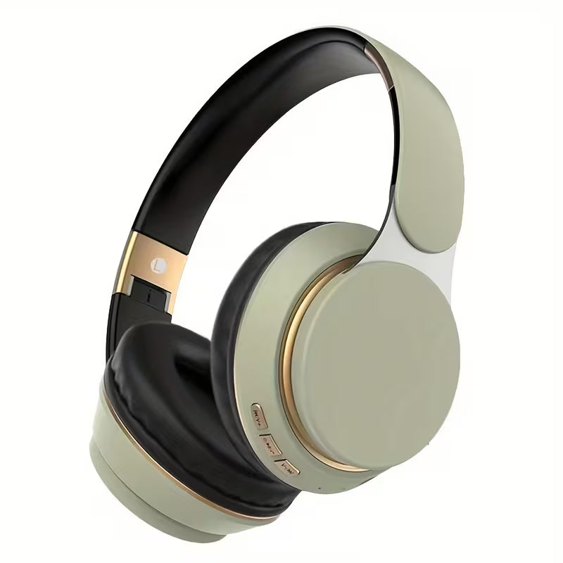 Olive green wireless Bluetooth over-ear headphones with gold accents and black cushioning on a white background.