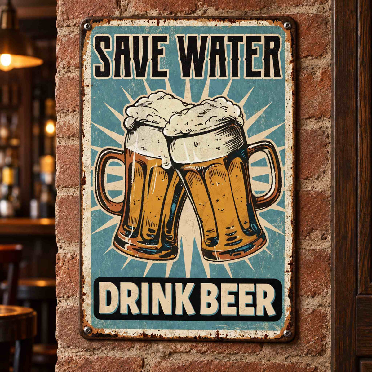 A rectangular vintage-style metal sign mounted on a brick wall, featuring the text 'SAVE WATER' at the top and 'DRINK BEER' at the bottom, with two clinking beer mugs in the center.
