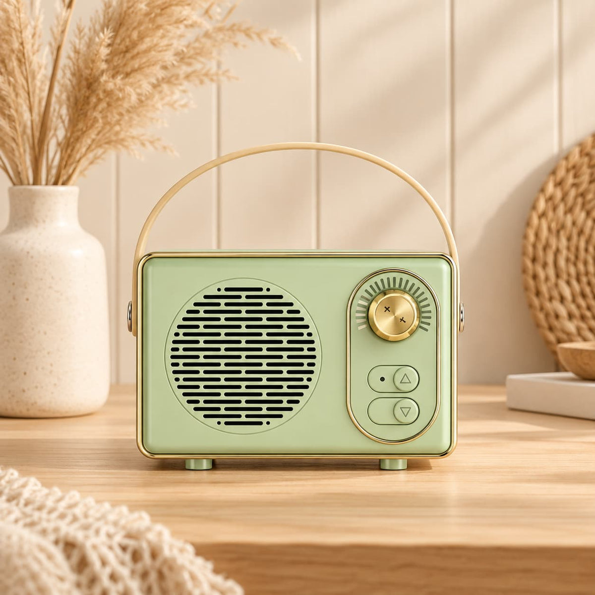Retro portable speaker with gold-tone dial and carry handle, available in cream, sage green, blush pink and lilac.