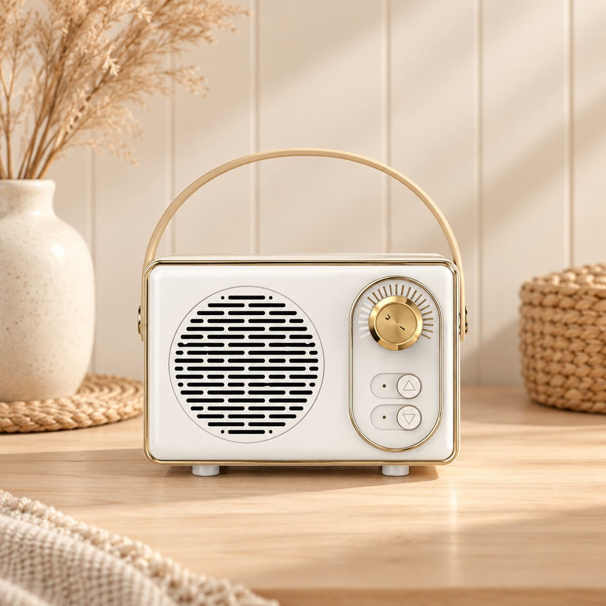 Retro portable speaker with gold-tone dial and carry handle, available in cream, sage green, blush pink and lilac.