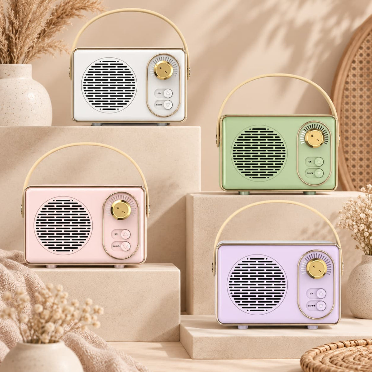 Retro portable speaker with gold-tone dial and carry handle, available in cream, sage green, blush pink and lilac.
