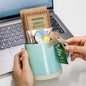 Ceramic mug gift set featuring mindful messages cards, affirmation spinner, inspirational tag, and wellness keepsakes, beautifully styled in a cozy setting with soft lighting, candle, and neutral décor.