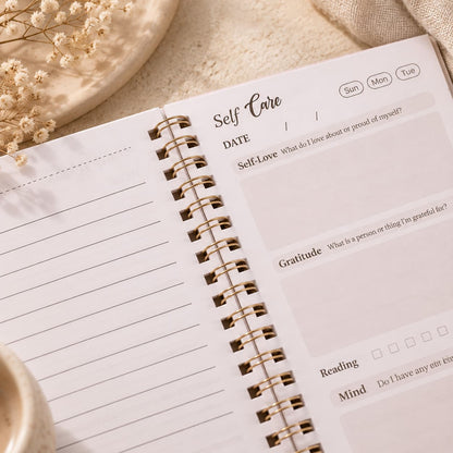 Open Self Care Journal showing self-love, gratitude and daily reflection prompts