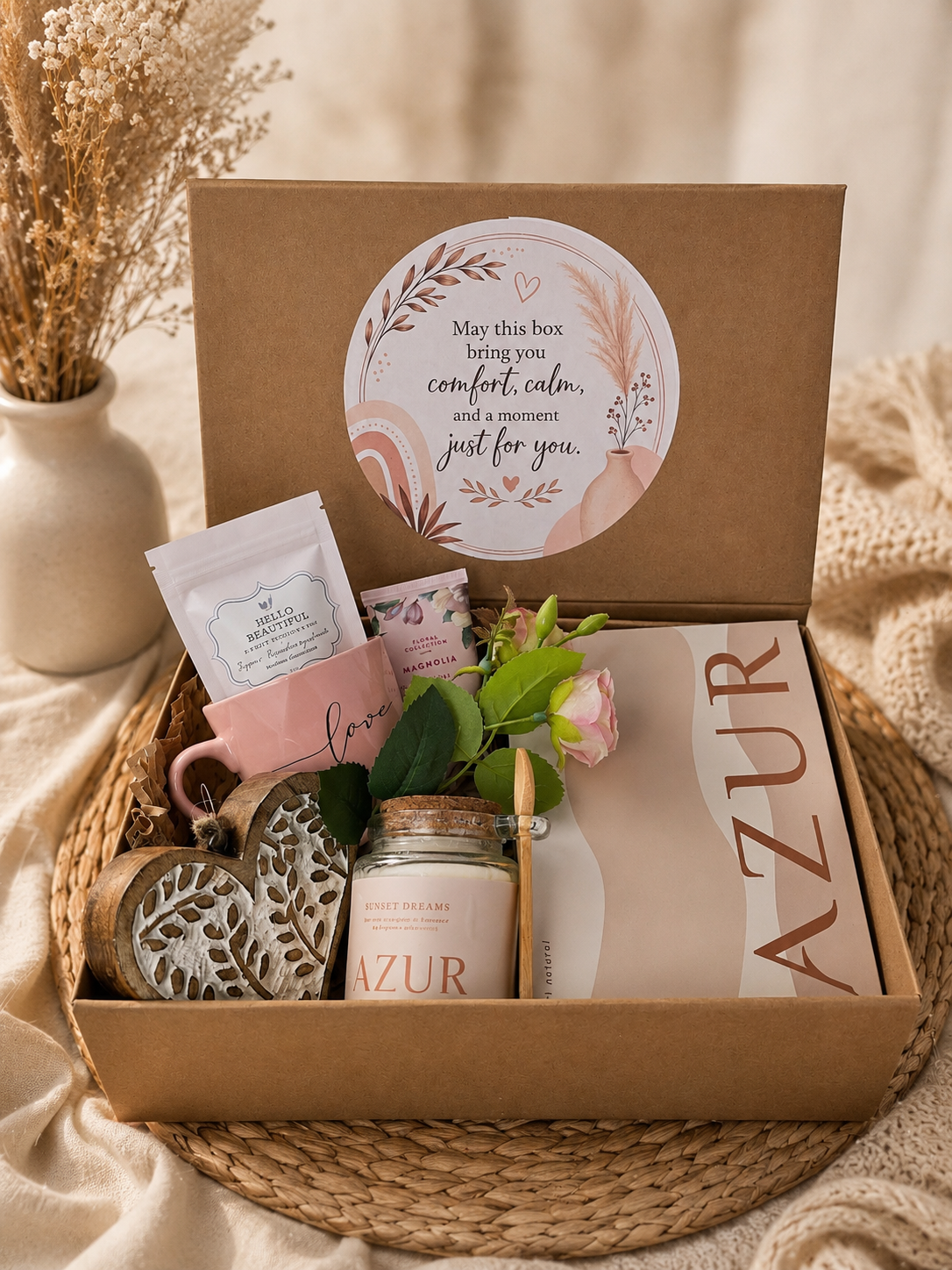 Luxury self-care spa gift box with Azur bath salts, spa set, ceramic mug, herbal tea, hand cream, wooden heart décor, and boho neutral styling in a premium keepsake box.