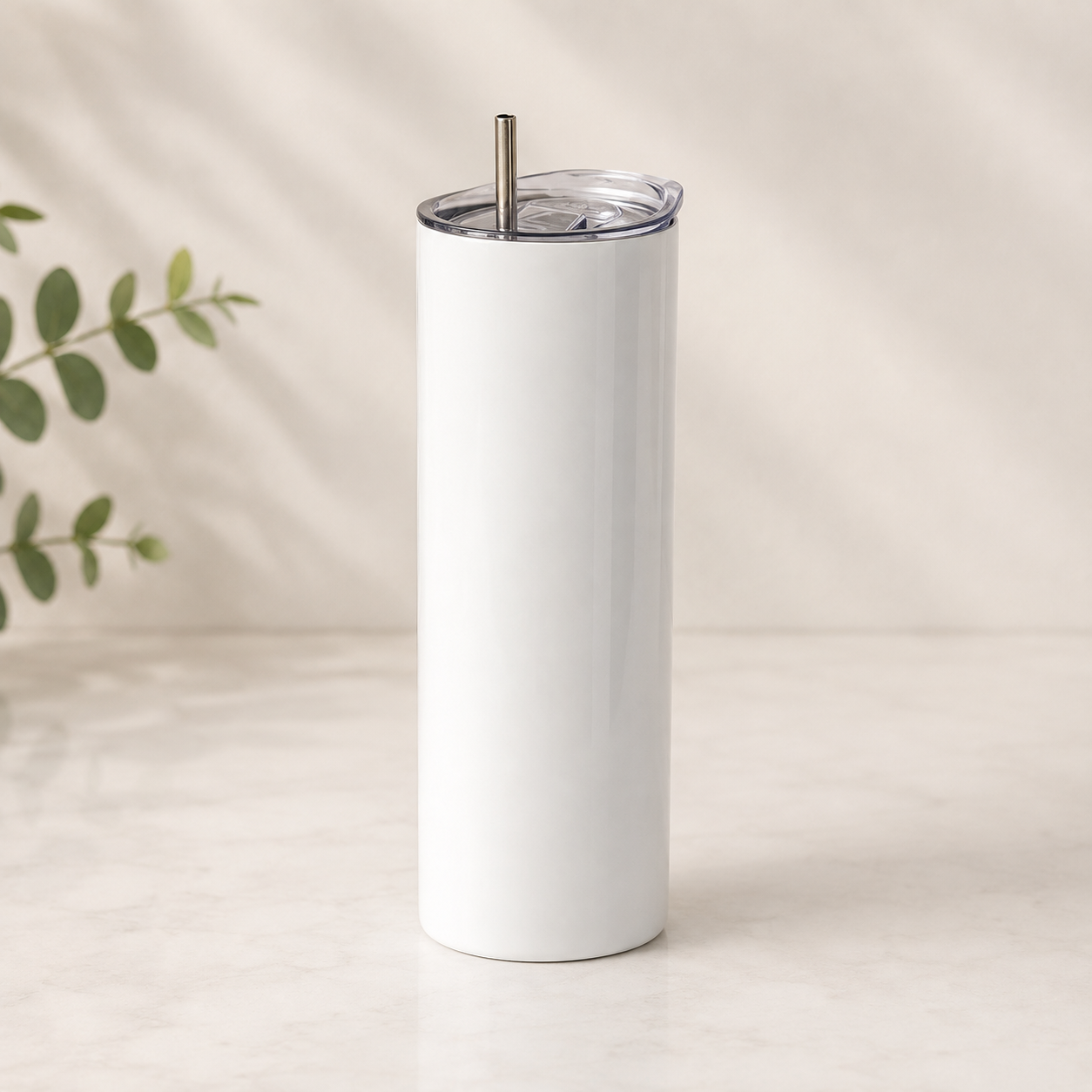 White sublimation skinny stainless steel tumbler with clear lid and reusable straw for personalised printing.