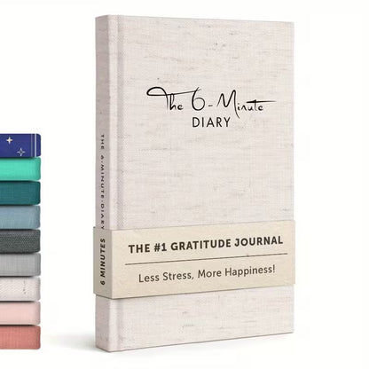The 6-Minute Diary gratitude journal displayed in a luxury gift box with elegant minimalist packaging, designed for mindfulness, positivity, stress relief, and daily self-reflection.