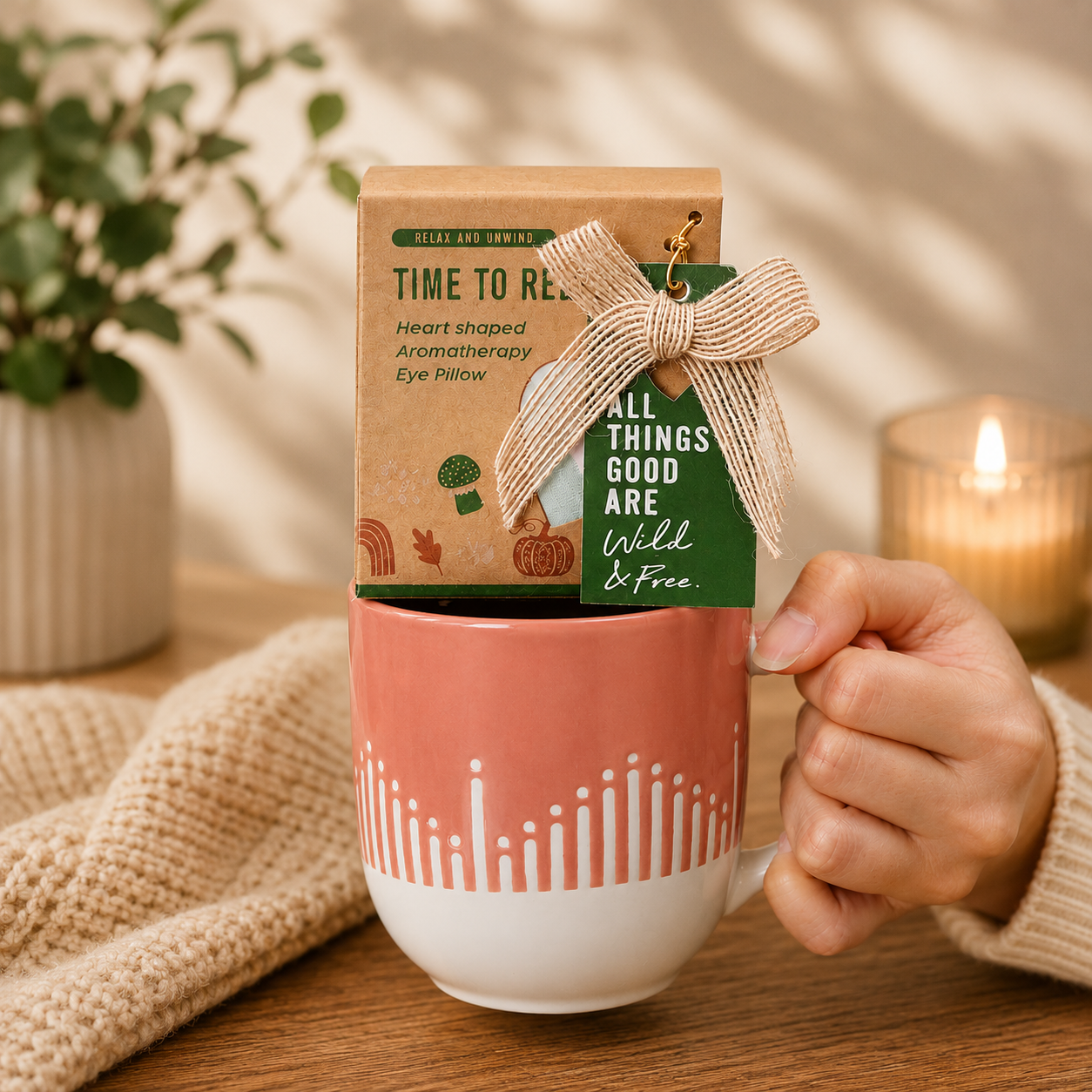 Hand holding a pink and white ceramic mug gift set featuring a heart-shaped aromatherapy eye pillow, decorative bow, and inspirational tag, styled in a cozy setting with a candle, knitted blanket, and indoor plant.


