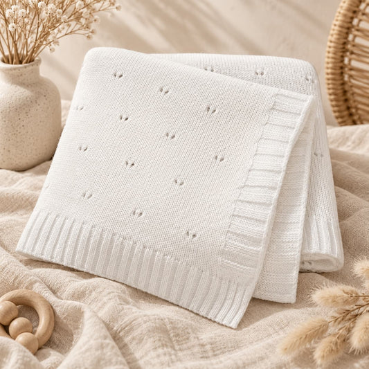 White Knitted Baby Blanket | Soft Neutral Newborn Blanket - Gifting CY - #Cyprus# -