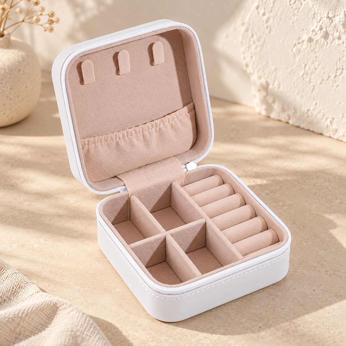 Open white mini travel jewellery case with blush lining, necklace hooks, ring rolls and divided compartments.