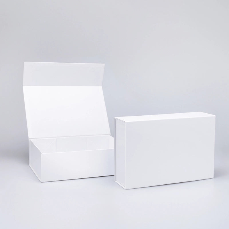 white magnetic gift box with lid open and closed, showing sturdy structure and sleek design on a neutral background.