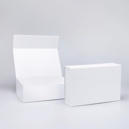 white magnetic gift box with lid open and closed, showing sturdy structure and sleek design on a neutral background.